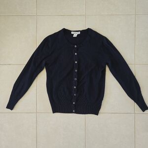 Melrose Chic L Navy Long Sleeve Crew Neck Button Cardigan Sweater Art Deco Hem